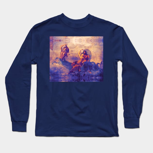 NEPTUNE AND AMPHITRITE WITH A HIPPOCAMPUS Pompeii Roman Fresco in Blue Long Sleeve T-Shirt by BulganLumini